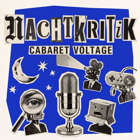 The Nachtkritik cover: a Dada collage of a microphone among the critics