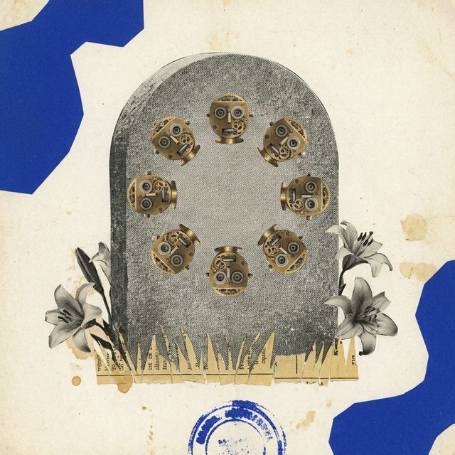 Dada collage of a tombstone for Mixtral 8x7B Instruct